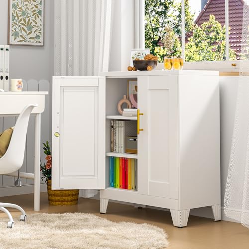 Image of pozdeg 35.43 inch Lockable Metal Storage Cabinet, Steel Office Locker, White | File Cabinet with 2 Doors and 2 Adjustable Shelves, Rolling Steel Tool Garage Cabinets for Home Office