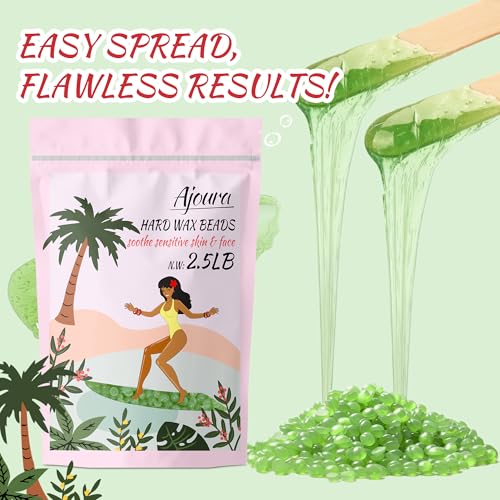 Image of Ajoura 2.5LB Aloe Hard Wax Beads, Premium Wax for Sensitive Skin Hair Removal, Perfect for Full Body, Bikini, Face, Eyebrow, Back, Chest, Legs, Armpit, Big Pack Refill for Home & Salon Waxing (Green)