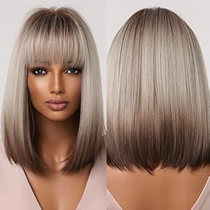 Allbell Braun Blonde Ombre Bob Perücken für Frauen Cosplay Perücke mit Bangs Dunkle Wurzeln Grau Naturhaar Synthetische Perücke