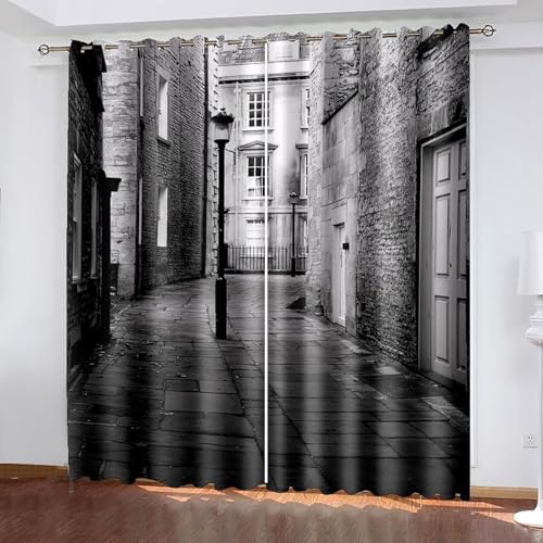 ANAZOZ Cortina de Ojales Comedor,2 x 132W x 244H CM,Cortinas Ventana Opaca 2 Piezas Paisaje de Calle Cortina Habitacion Gris Oscuro