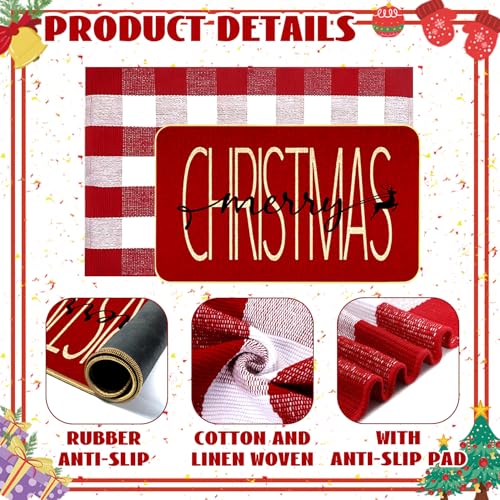 Merry Christmas ドアマットコンボセット - 冬用ウェルカムマット + 71.1 x 109.2 cm レッド ホワイト バッファロー 格子縞 ラグ、チェック クリスマス エルク ラグ ポーチ、玄関、冬休み、ホームデコレーション [5]