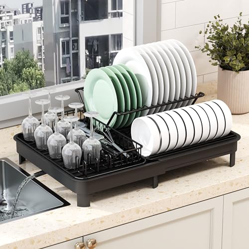 COVAODQ Dish Drying Rack with Drainboard, Large Capacity Extendable Dish Rack with Cup Holder,Cutlery Drawer Organizer,Drying Area,Dish Drainer for Kitchen Counter(Black)