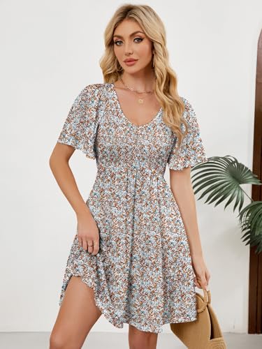 Image of UEAL Womens Cute Floral Smocked V Neck Flutter Sleeve Sundress with Pockets Casual Spring Summer Dresses for Women 2026