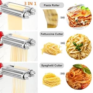 Pasta Maker Attachment 3 in 1 Set Compatible for KitchenAid Mixers Plus Hub Knob Screw Accessory Included Pasta Sheet Roller Spaghetti Cutter Fettuccine Cutter and Cleaning Brush