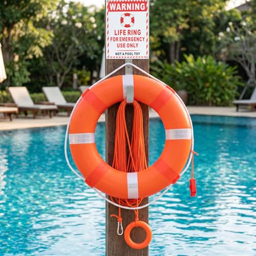 20 Foam Floating Ring Kit with 100FT Floating Rope Wall Mount Bracket Warning Sign & Whistle for Pool Dock Boat Lake House and Waterfront Decoration