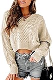 Tankaneo Women's V Neck Cropped Sweater Long Sleeve Crop Top Cable Knit Oversized Pullover Sweater Apricot