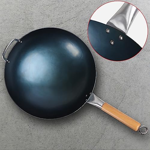Mmlpes Wok - 13.5" Pre-Seasoned Carbon Steel Wok Pan With Wood And Steel Helper Handle, Traditional Hand Hammered Round Bottom Woks & Stir-Fry Pans Nonstick No Chemical Coating | Blue #TOP7