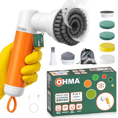 Brosse de Nettoyage électrique pour la Salle de Bain et Les Joints – Spin Scrubber avec 6 têtes pour Nettoyer Toute la Maison, du Sol au Plafond – Mode intensif 2 Vitesses – Étanche et Rechargeable