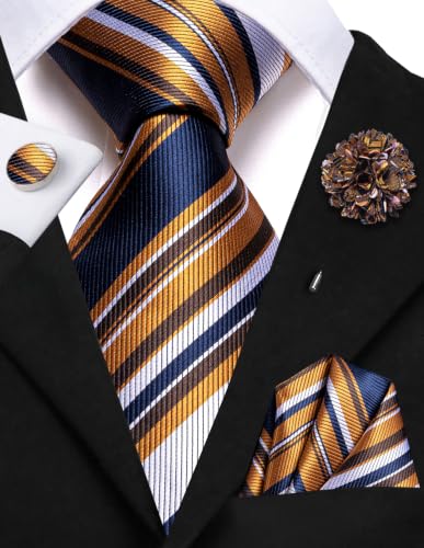 Image of Hi-Tie Men Silk Ties Set with Flower Lapel Pin Necktie Pocket Square Cufflinks for Tuxedo Wedding Business