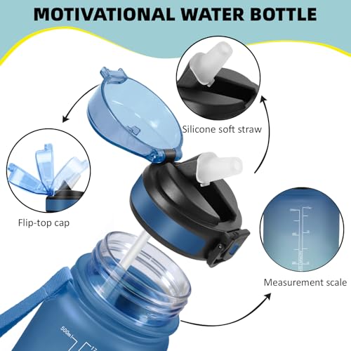 Mujigaga Trinkflasche 500ml, Wasserflasche mit Strohhalm, Trinkflasche Kinder mit Sichere Verriegelung, Auslaufsichere Flasche mit Zeitmarkierung und Schnürung, Water Bottle für Büro, Fahrrad, Schule