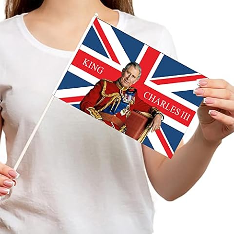 10 PCS King Charles III Flag 8.2in x 5.5in (21cm x 14cm) Polyester Union Jack Flag Great Britain King Flag Decoration for New King Coronation Celebrations Parades and Festivals Cover