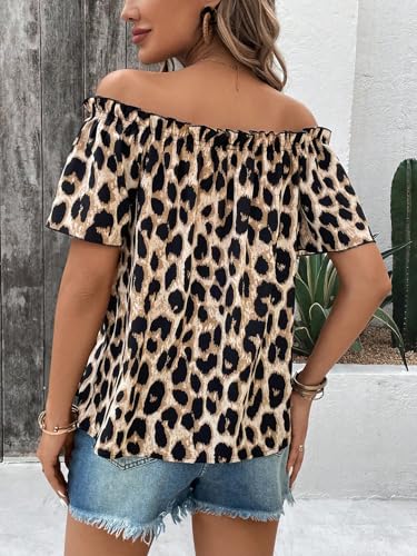 SweatyRocks Women's Off Shoulder Leopard Print Blouse Short Sleeve Ruched Summer Shirt Tops2