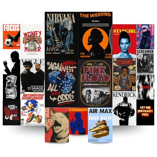 Image of Yellow Town India Mixtape Aesthetic 21 Piece Music & Pop Culture Poster Pack, Wall Art Collection with Nirvana, Pink Floyd, The Weeknd, 5.8 x 8.3 in, with Wall-Friendly Tape Roll