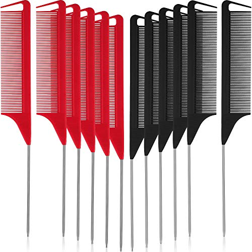 12 Pieces Parting Comb for Braids, Rat Tail Comb Pintail Comb Teasing Combs with Stainless Steel Pintail for Hair Styling Hairdressing (Black, Red)