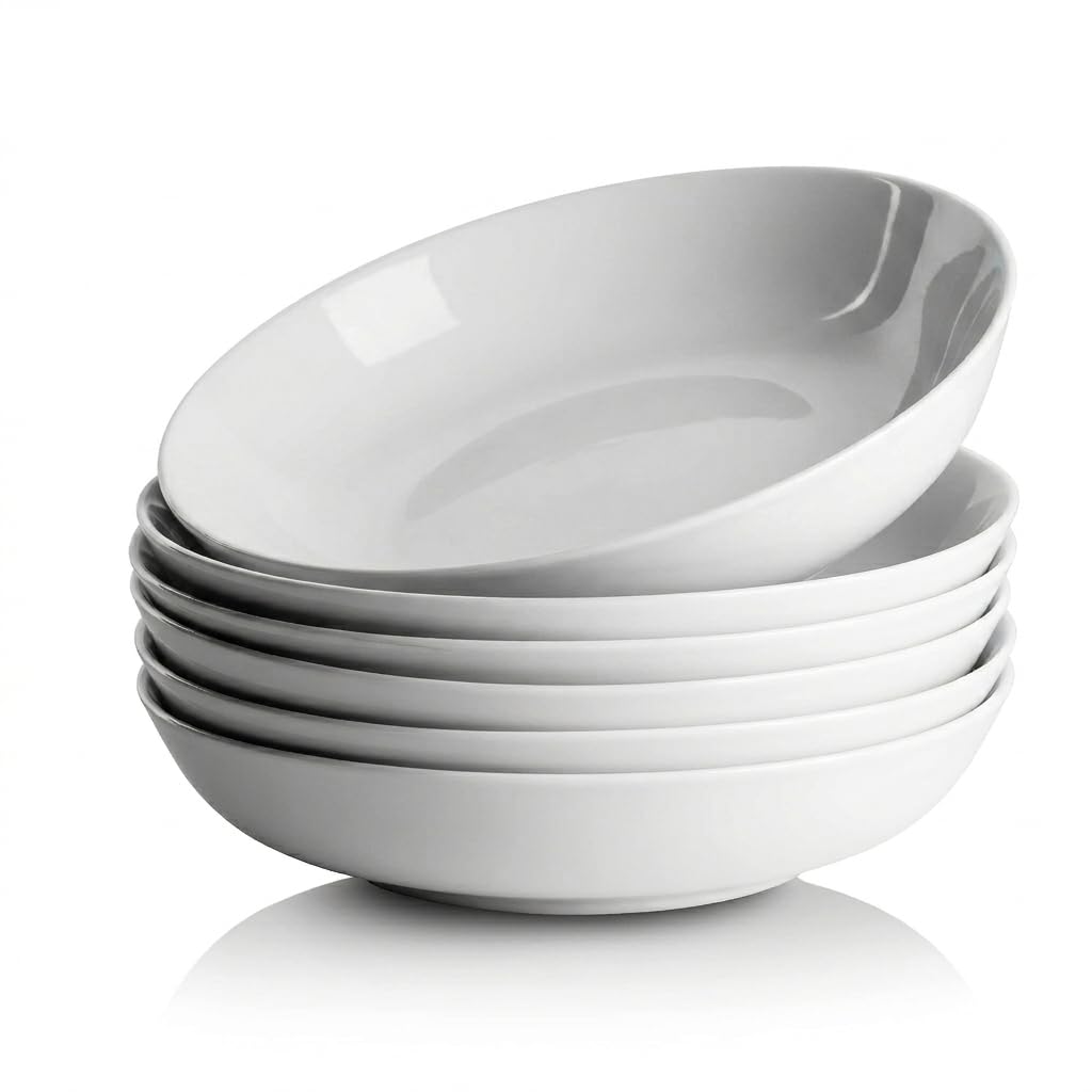 Platos para pasta, 6 platos hondos grandes de 1,1 l, platos hondos, platos para desayuno, platos para tartas, platos para ensalada, aptos para microondas y lavavajillas, blanco Φ23 cm