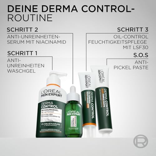 L'Oréal Men Expert Anti-Pickel Gesichtsreinigung für Männer, Waschgel für unreine & zu Akne neigende Haut, Herren Cleanser für das Gesicht mit 2% Salicylsäure & Niacinamide, Derma Control, 1 x 260 ml 6