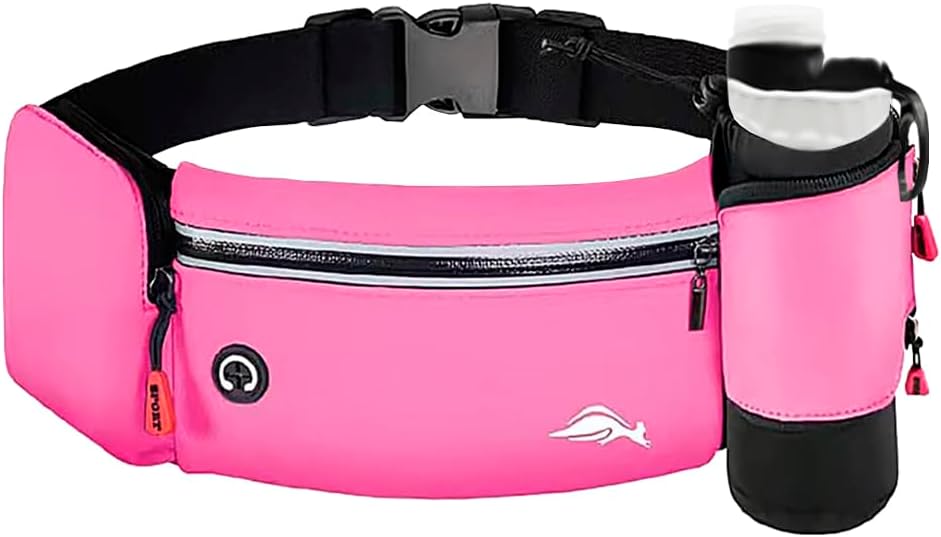 YF-TOWRunning Belt Waist Pack, Running Belt With Water Bottle Holder, Hold A 9.45" Phone's High Capacity Waterproof & Luminous Belt, With Headphone Jack, 3Pockets Design, Rosy red, Lightweight