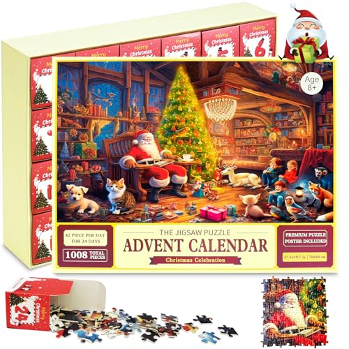 Christmas Jigsaw Puzzle Advent Calendar 2023, 1008 Pieces 24 Days of Surprise Countdown Advent Calendar Puzzle for Adults Kids Age 8+, Santa Claus, Kids, Pets Theme, Best Christmas Gifts & Home Decor