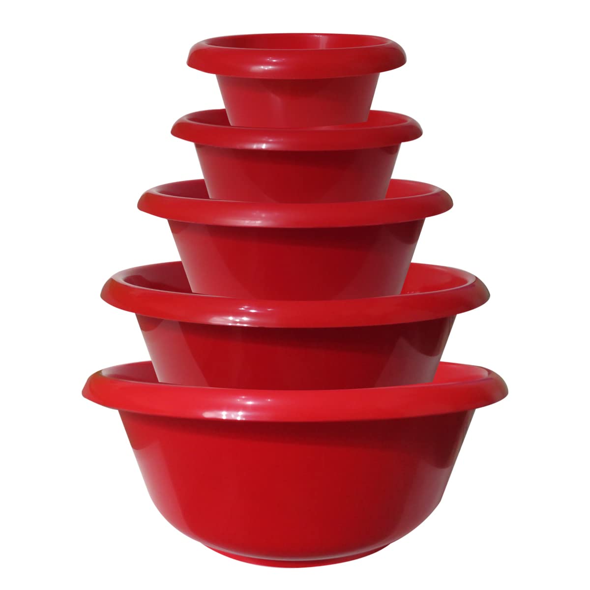 GAB Plastic, Round Basin, Set of 5 Basins, in Different Sizes, Plastic Wash Basin, Stackable Bowls, Multipurpose Washing Sink, Small Plastic Washbowl, Recycled Plastic, Sturdy & Durable. (Red)