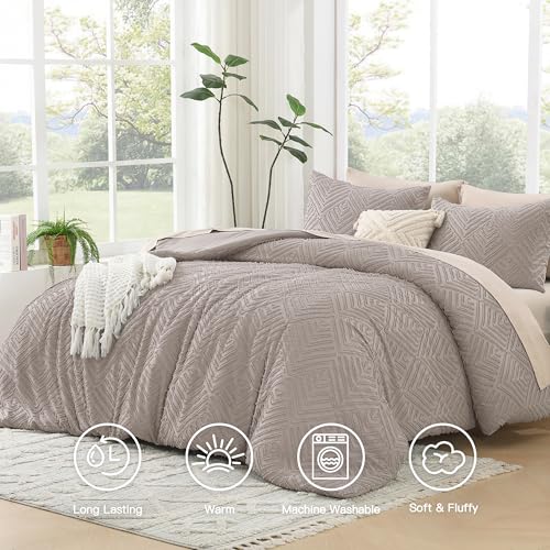 Image of Litanika Queen Comforter Set Rose Coffee, 3 Pieces Cream Tufted Boho Farmhouse Bedding Comforter Sets, Lightweight Fluffy Comforter Bed Set for All Season (90x90In Comforter and 2 Pillowcases)