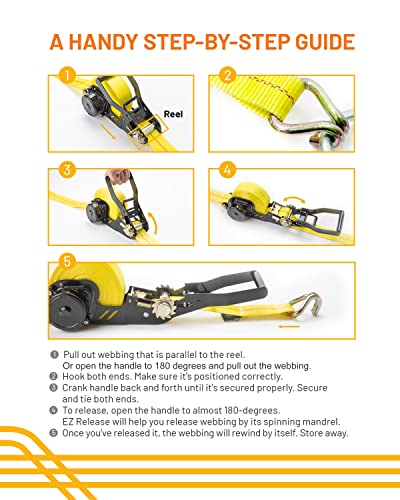 Strapinno Retractable Ratchet Tie-Down Strap - 2 In X 27 Ft Heavy-Duty Strap With Double J Hooks, Tangle-Free Webbing, 10,000Lbs Breaking Strength, And 3,333Lbs Working Load Limit (1 Pc) #TOP3