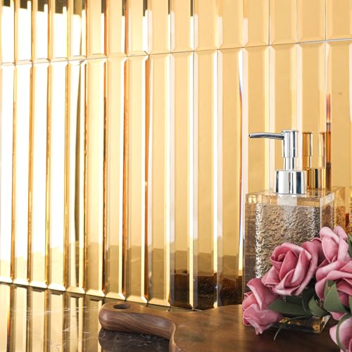 Diflart Peel and Stick Mirror Backsplash Tile Gold 11.8 x 11.8 Inch Beveled Mirror Strip Tile for Kitchen Bathroom Bar Accent Wall Pack of 5 Sheets