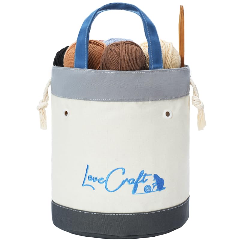 TOGETRUE Bolsa de fios, saco de crochê bordado intrincado, organizador de sacos de armazenamento de fios, sacolas de tricô para projetos de crochê, bola de novelo de loja, agulha de tricô curta (azul)