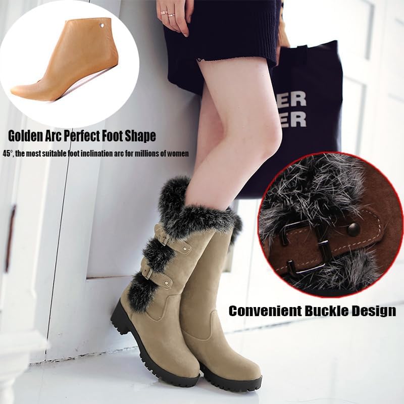 Women's Mid-Calf Winter Platform Hidden Wedge Boots Slip-on Thick Rabbit Fur Collar Warm Waterproof Stretch Leather Non-slip Snow Boot - Image 2