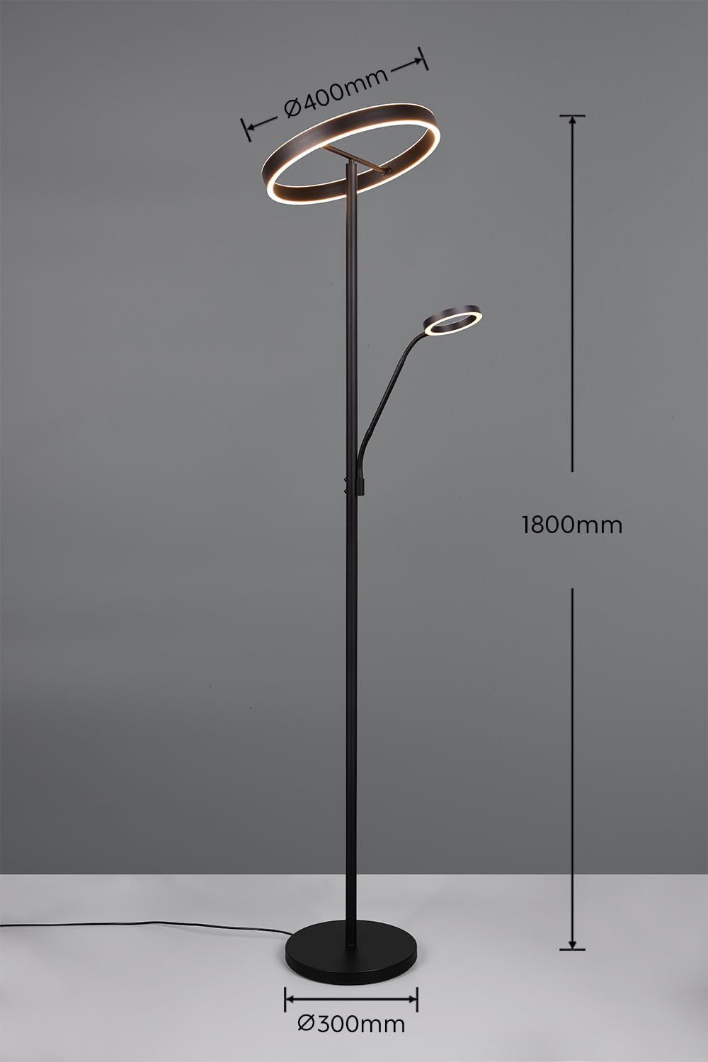 Trio Leuchten LED Stehleuchte Willis 449510232, Metall Schwarz matt, 39 + 5.5 Watt LED, Lichtfarbe einstellbar, dimmbar