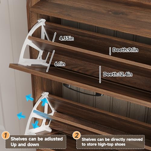 Image of Maupvit Large Shoe Storage Cabinet with 6 Flip Drawers, Freestanding Shoe Organizer with Metal Handles for Entryway, Narrow Shoe Rack Cabinet, Dark Walnut