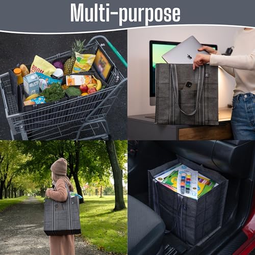 VENO 4 Pack Reusable Grocery Bags with Hard Bottom, Heavy-Duty Shopping Bags for Shopping Cart (Windowpane, 4 Pack) - Image 3