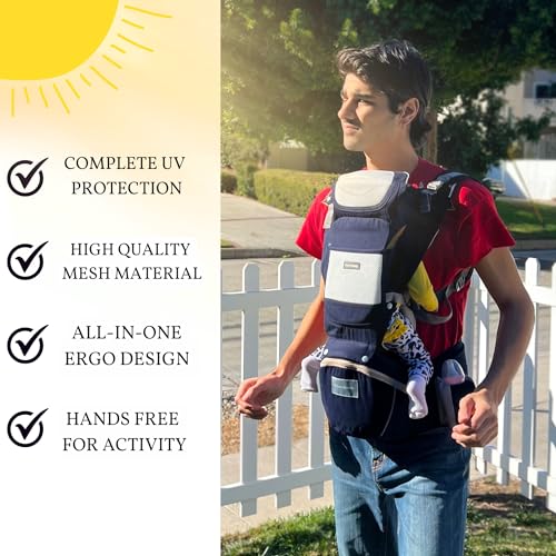Baby Carrier with Hip Seat - Safety Certified Ergonomic M Position, Adjustable Waistband with Back Support, Detachable Hip Seat + Various Large Pockets