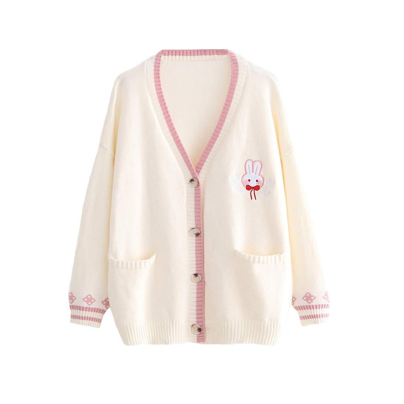 Women's Cute Bunny Embroidery Knitted Cardigan Long Sleeve V-Neck Button Knit Outerwear Teen Girls Kawaii Japanese Casual Loose Pullover Cute Cartoon Print Tops Sweater with Pockets Knitwear(White_One