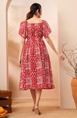 Image of Janasya Women's Red Pure Cotton Geometric Printed A-Line Dress