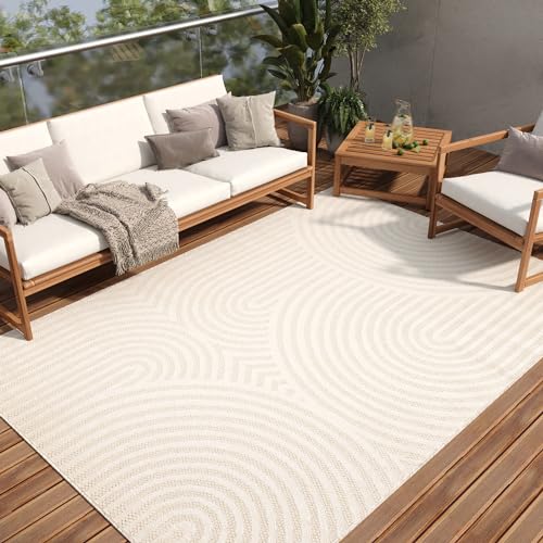 TAPISO Patio Teppich Creme Outdoor Indoor Modern Streifen Sisal Flachgewebe Wetterfest UV-Beständig Wohnzimmer Terrasse Balkon ÖKO-TEX 160 x 220 cm