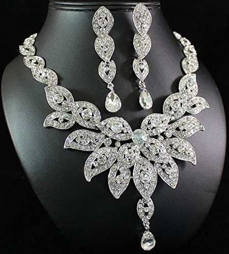Large Floral Clear White Austrian Rhinestone Crystal Bib Statement Necklace Earrings Set Party Bridal Prom Pageant Wedding N1581 Silver #TOP4