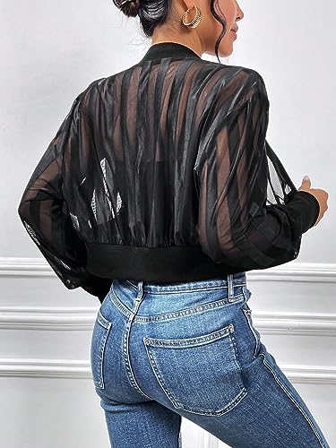 WDIRARA Women's Contrast Mesh Zip Up Bomber Jacket Lantern Long Sleeve Baseball Collar Outwear Crop Jacket2