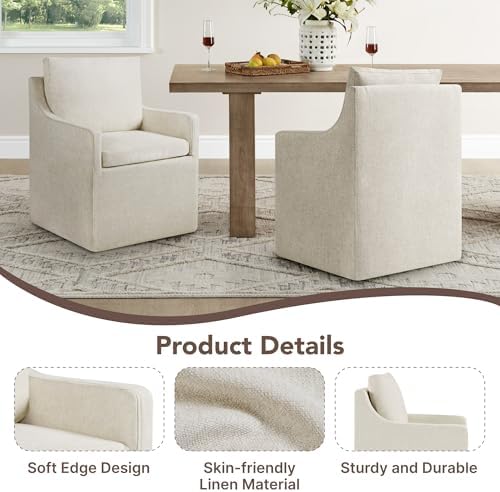Upholstered Dining Chairs Set of 2, Modern Dining Room Chairs with Casters & Washable Cover, Rolling Accent Chair with Hidden Storage for Kitchen, Farmhouse, Living Room, Beige, 2 Box