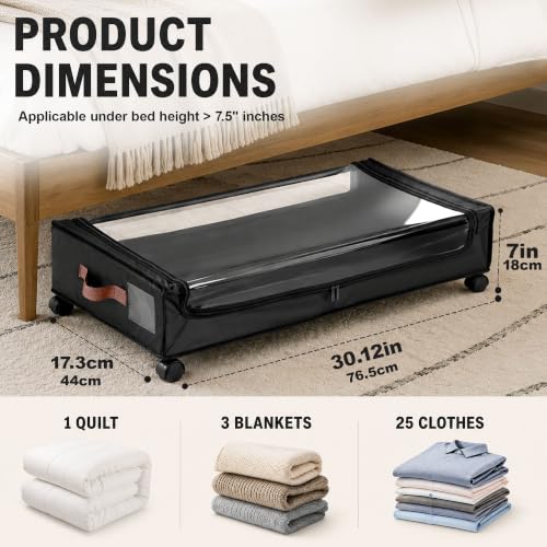 Image of Story@Home Underbed Storage Box and Organiser with Wheels | Under Bed Storage Bags with Clear Lid & Label | Rolling Under Bed Storage for Clothes, Shoes, Blankets - Black - Pack of 1
