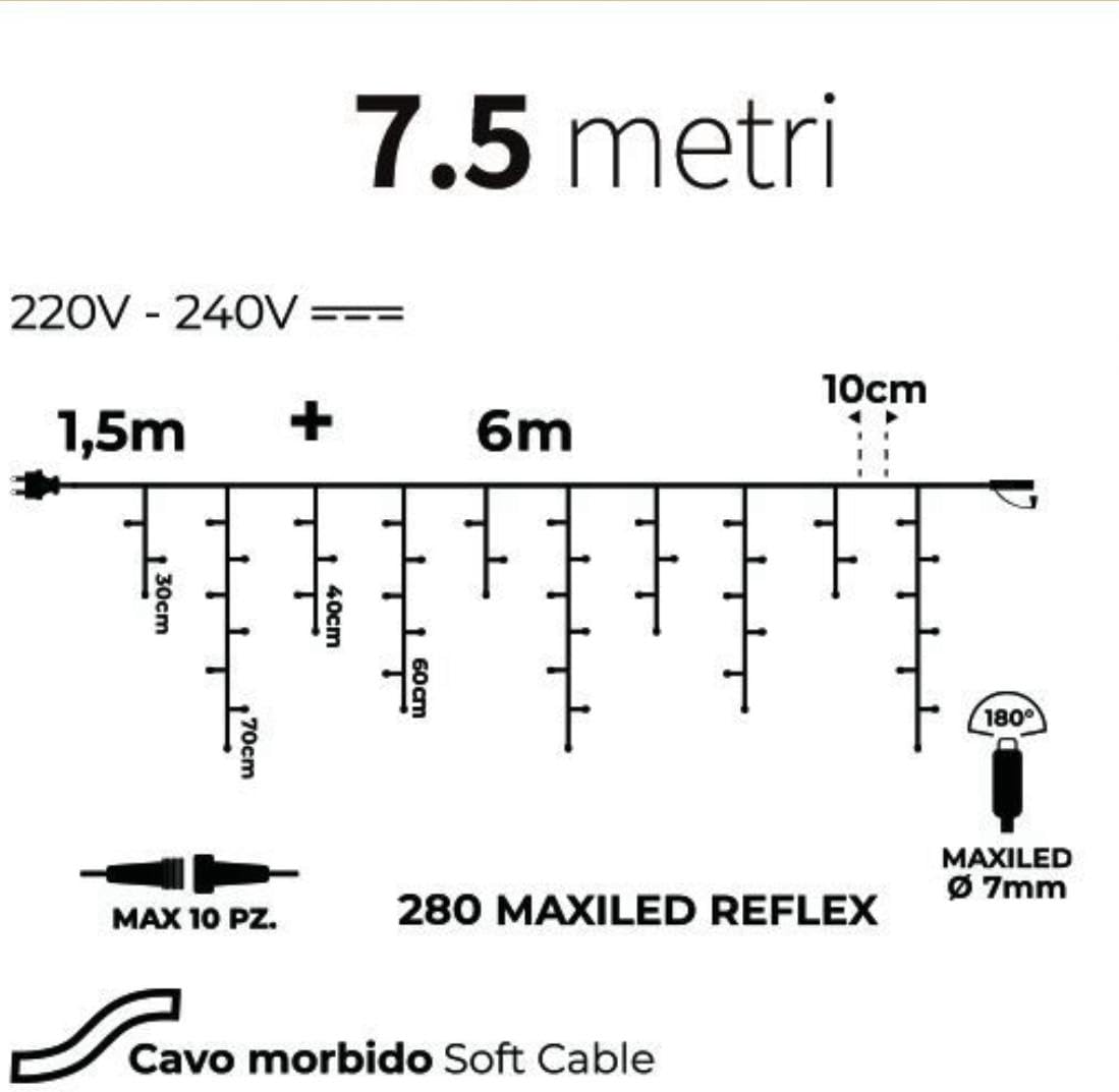 Generico Tenda luminosa luci di Natale da 6 mt Cascata di Stalattiti MaxiLed Professionale per uso esterno interno Prolungabile (calda fissa + flash freddo, 280 LED)
