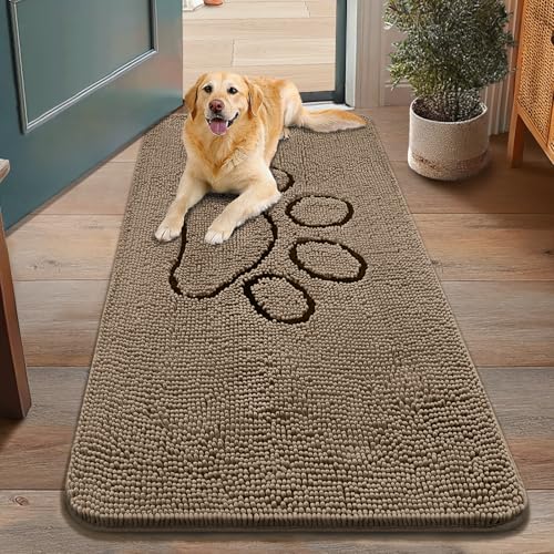 Image of Smiry Dog Door Mat for Muddy Paws, Absorbent Dirt Trapper Non Slip Quick Dry Washable Chenille Mat for Mud Dogs, Entry Rug for Indoor and Outdoor (48x30 Inches, Camel and Black)