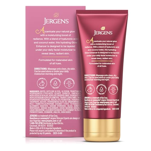 Jergens Melanin Glow Facial Glow Enhancer, Luminizer and Moisturizer with Hyaluronic Acid, Dermatologist-Tested, Non-Comedogenic, 2Oz