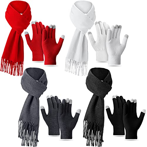 Handepo 8 Pieces Winter Knit Scarf and Glove Set, Cashmere Soft Scarf with Touchscreen Gloves for Women Gift