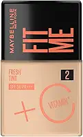 Maybelline NY Fit Me Fresh Tint Base Líquida, Proporciona Efeito Glow Natural, Controla a Oleosidade e Uniformiza a Pele com Vitamina C e FPS 50, Cor 02, 30ml