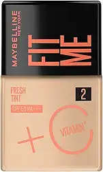 Maybelline NY Fit Me Fresh Tint Base Líquida, Proporciona Efeito Glow Natural, Controla a Oleosidade e Uniformiza a Pele com Vitamina C e FPS 50, Cor 02, 30ml