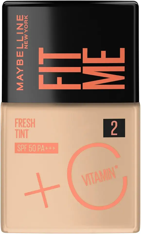 Maybelline NY Fit Me Fresh Tint Base Líquida, Proporciona Efeito Glow Natural, Controla a Oleosidade e Uniformiza a Pele com Vitamina C e FPS 50, Cor 02, 30ml