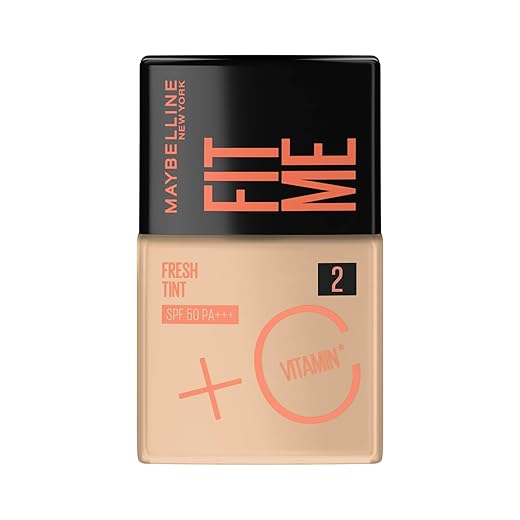 Maybelline NY Fit Me Fresh Tint Base Líquida, Proporciona Efeito Glow Natural, Controla a Oleosidade e Uniformiza a Pele com Vitamina C e FPS 50, Cor 02, 30ml