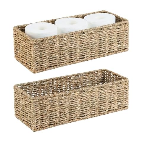 OEHID Small Wicker Baskets 2 Pack, Hand Woven Toilet Basket Tank Topper, Toilet Tank Basket for Bathroom Organizing, Seagrass Storage Baskets for Toilet Paper (14.4"Lx6.1"Wx4.4"H) Cover