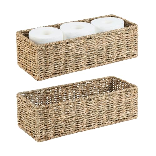 OEHID Small Wicker Baskets 2 Pack, Hand Woven Toilet Basket Tank Topper, Toilet Tank Basket for Bathroom Organizing, Seagrass Storage Baskets for Toilet Paper (14.4" Lx6.1 Wx4.4 H)