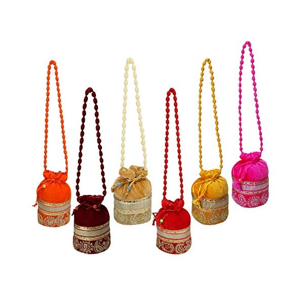 Indian Velvet Potli (Pack of 6 Potli Bag in assorted color), Jwelery Pouch, Coins Pouch, Assorted, 1 Count (Pack of 6) - Image 4